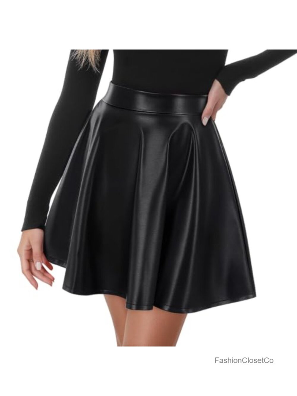 Faux Leather High Waisted Flared Mini Skater Skirt A-Line